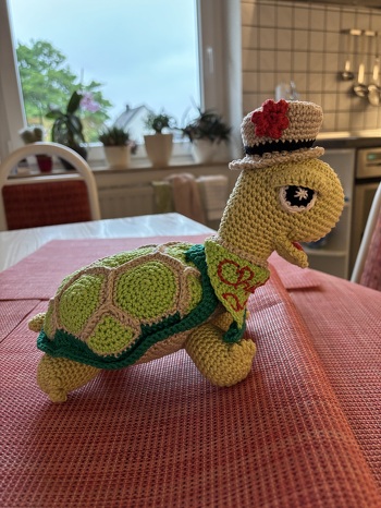 Es hat sehr gut geklappt, nach der Anleitung zu arbeiten, den Hut und das Halstuch habe ich mir selbst ausgedacht, dazu gibt es keine Anleitung. Die Schildkröte ist mein neues Maskottchen auf Reisen.