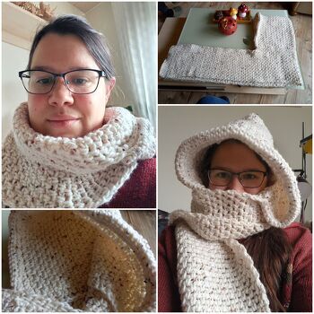 Schnell und einfach.
Mir nur leider etwas zu breit. Werde ihn aber in anderer Wolle und etwas schmaler nochmals häkeln, da sehr praktisch und wunderbarzum einkuscheln.
Verwendete Wolle: Alison&Mae Specials Tweed Yarn (300g ca. 265mLL)
Häkelnadel: 10.0