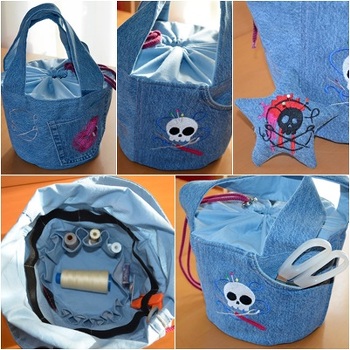 Das Nacharbeiten dieser Tasche hat einwandfrei geklappt, da die Beschreibung sehr detailliert war.
Ich habe die Tasche aus einer alten Jeans genäht und am Korpus aussen jeweils eine vordere und eine hintere Hosentasche eingearbeitet, die ich vorher maschinell bestickt habe.