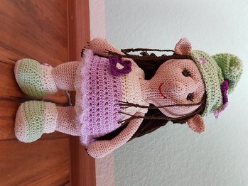 Huhu
Habes es nach der Anleitung gearbeitet - wenn man die Abkürzung versteht mit der Legende passt es
Habe die Haare geflochten eins zwei Strähnen
Und die Mütze habe ich mit einem Knopf fest gemacht sonst fällt sie immer runter
Sonst habe ich noch eine Schlüpfer dazu gemacht
Den Tüll am Kleid habe ich durch glitzergarn in der Abschlussrunde ersetzt
Sie ist fertig und sieht super aus
Gute Anleitung