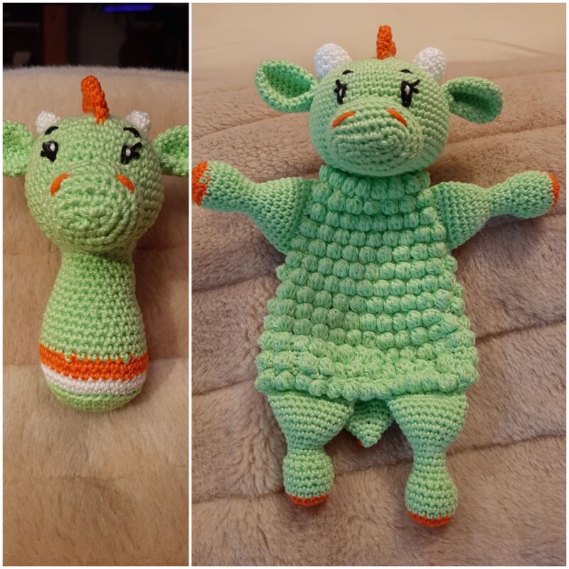 Häkelanleitung “Schmusetuch und Rassel DRACHEN”