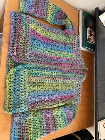 Was my first work with chunky wool crochet. My granddaughter loved the result.