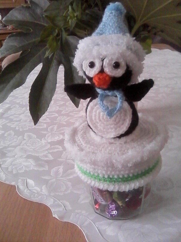 3tlg. Sparset Pinguin und Schneemann mit Schlapphut für Marmeladenglasbezug Winterdeko Bonbonglas