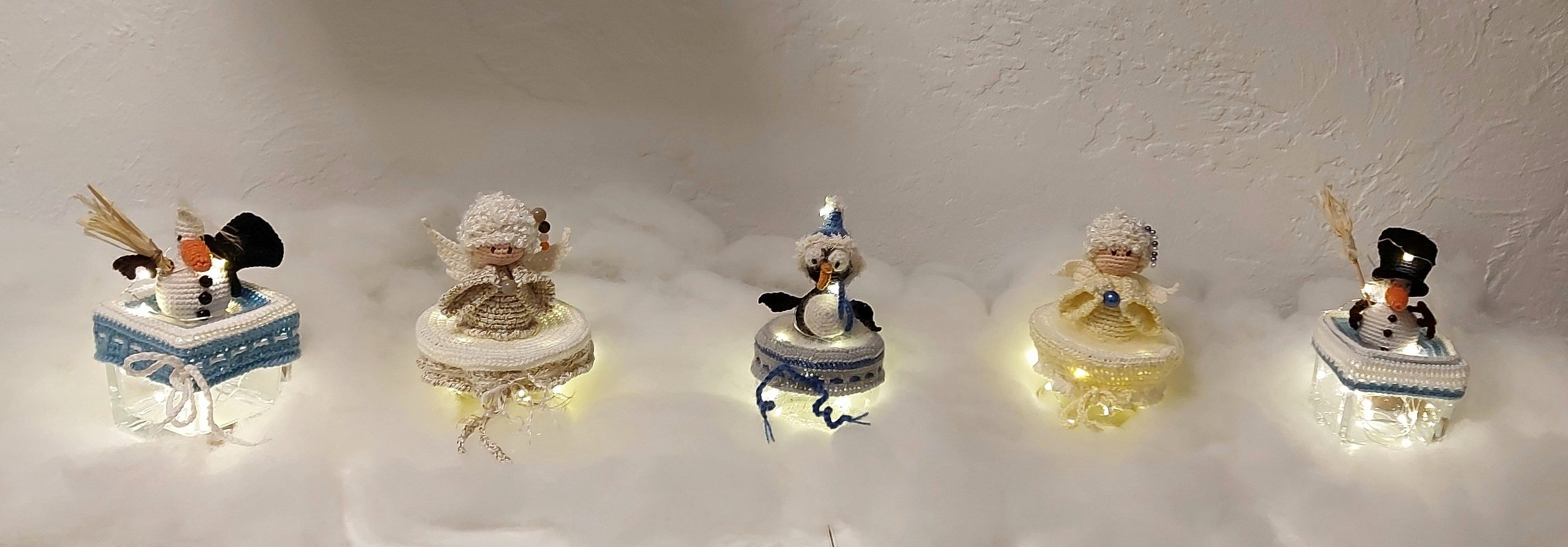 3tlg. Sparset Pinguin und Schneemann mit Schlapphut für Marmeladenglasbezug Winterdeko Bonbonglas