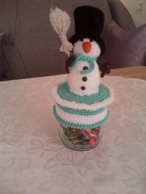 3tlg. Sparset Pinguin und Schneemann mit Schlapphut für Marmeladenglasbezug Winterdeko Bonbonglas