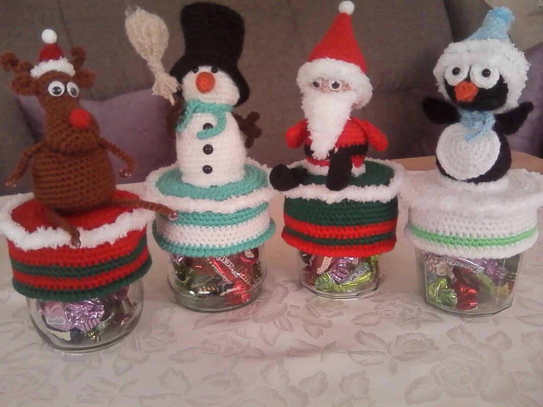 3tlg. Sparset Pinguin und Schneemann mit Schlapphut für Marmeladenglasbezug Winterdeko Bonbonglas