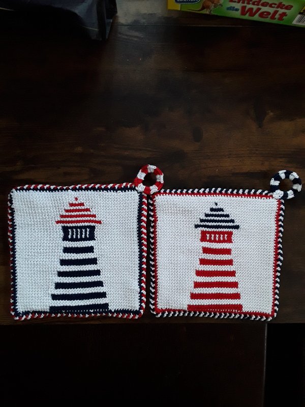 Topflappen Leuchtfeuer / Tunesisch gehäkelt