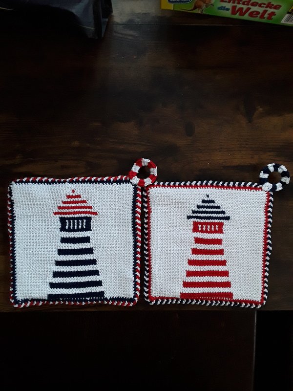 Topflappen Leuchtfeuer / Tunesisch gehäkelt