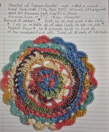 #madeitbigger #sockyarndoily #addedaround
I decided to use sock yarn and a US size F (3.75mm) hook. I needed it a bit larger to use as a doily, so I added 1 more round to mine.
