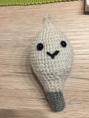 Sie sieht nicht zu 100% aus wie auf dem Foto, ich denke ich verzähle mich noch sehr oft bei den Maschen und ziehe den Faden zu stramm aber Übung macht den Meister und ich finde sie ganz süß