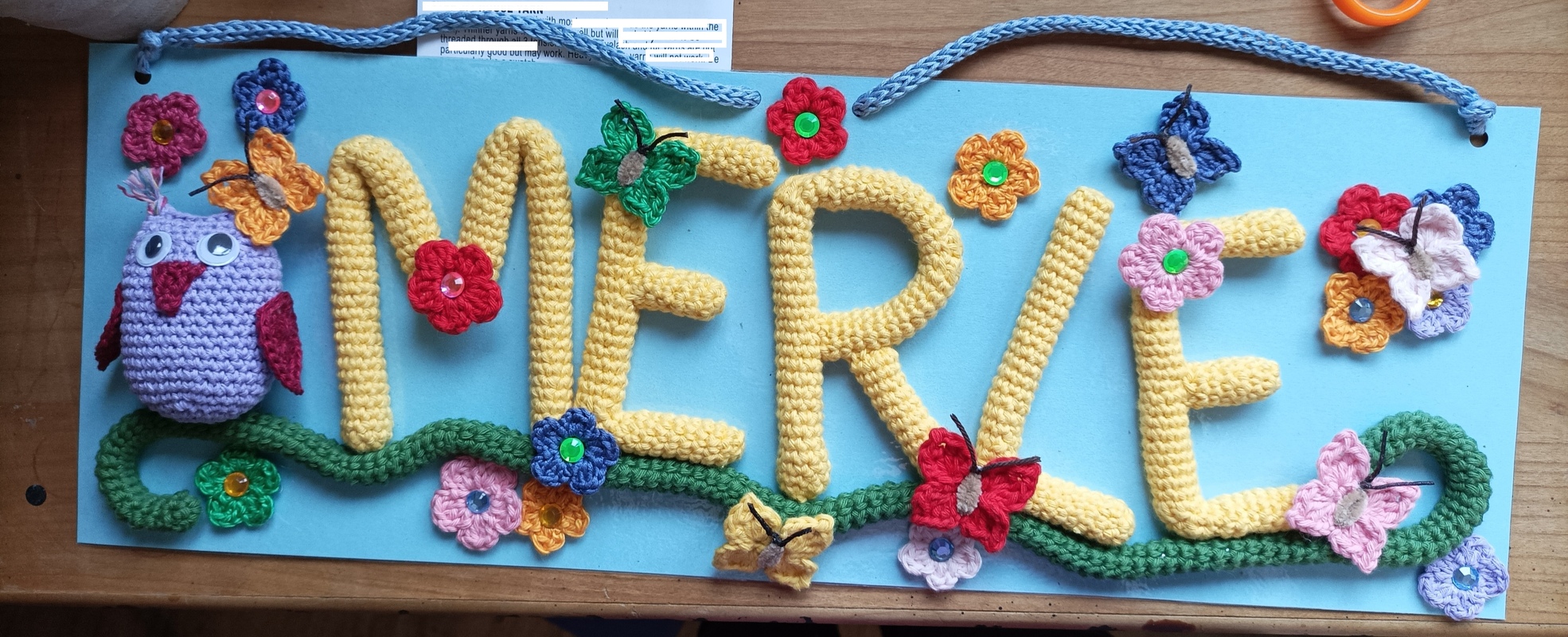 Name plate funny owl with crochet alphabet - easy from leftover yarn