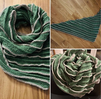 Tolle Anleitung. Super erklärt. Und doch so simpel.
Mit Nadel 6. Ungespannt 1,65m lang.  Wollmaterial und Länge unbekannt da ohne Banderole bei EBay ersteigert