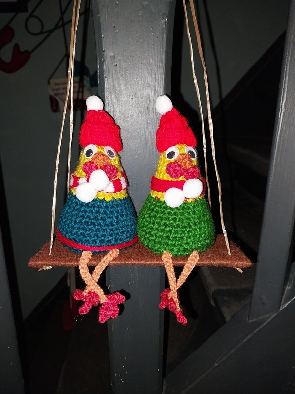 Edge stool and hanging decoration the chickens on the perch