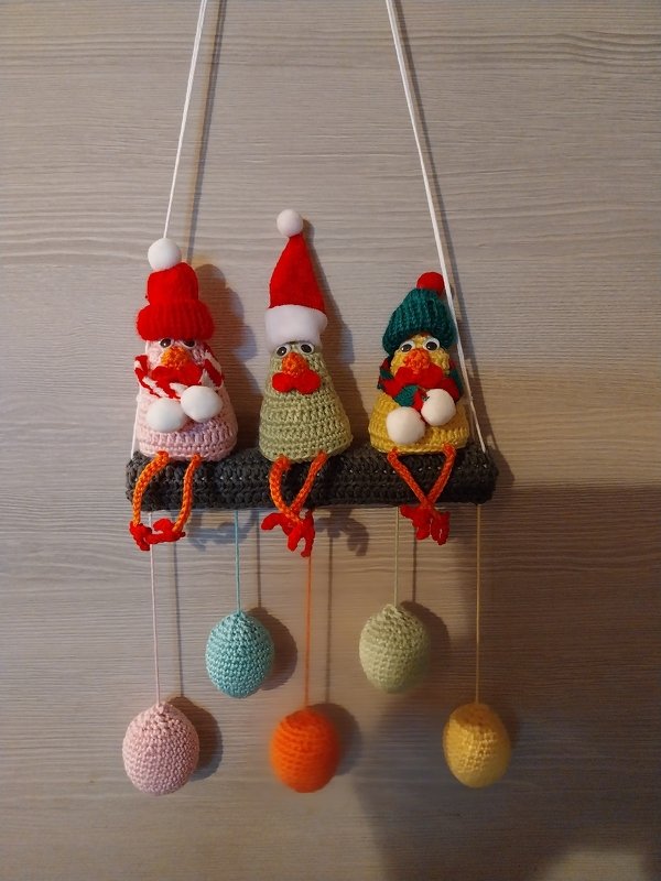 Edge stool and hanging decoration the chickens on the perch