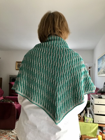 Ich bin von dem einfachen sie wirkungsvollen Muster total fasziniert. Kompliziert fand ich die erste Reihe beim Umhäkeln. Letztendlich habe ich anstelle des Hakens Größe 4 einen Häkelhaken mit nur Größe 2 und für die weiteren Reihen Größe 2,5 benutzt.