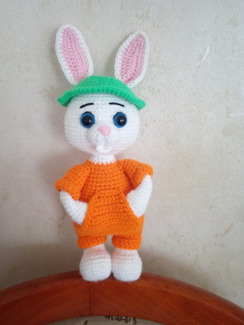 Mein Hase. Leider hat die Wolle nicht mehr für die Kapuze gereicht. Bin männlich und 70 Jahre alt.