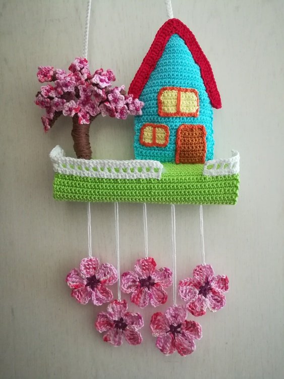 Hanging decoration spring cherry blossom - easy from scraps of yarn