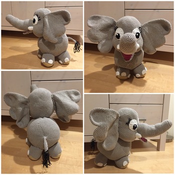 Mein Mann liebt Elefanten. Er bekam als Überraschung nun diesen von mir gehäkelt. Die Überraschung geheim zu halten war gar nicht so einfach, denn er wurde wirklich riesig. Und er ist soooo mega süß geworden. Mein Mann kuschelte mehr mit dem als mit mir und daher flog er aus dem Bett. :-) Er hat ihn dann mit in seine Firma genommen und seitdem bekomme ich immer neue Anfragen, neue Tiere zu häkeln.
Die Anleitung war super, das Ergebnis kann sich sehen lassen. DANKE!