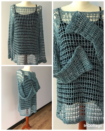 Das Shirt ließ sich leicht häkeln. Das Muster ist meiner Meinung nach auch fernsehtauglich.
Verbraucht habe ich hier 3-fädiges Garn, ca. 1200 lfm.