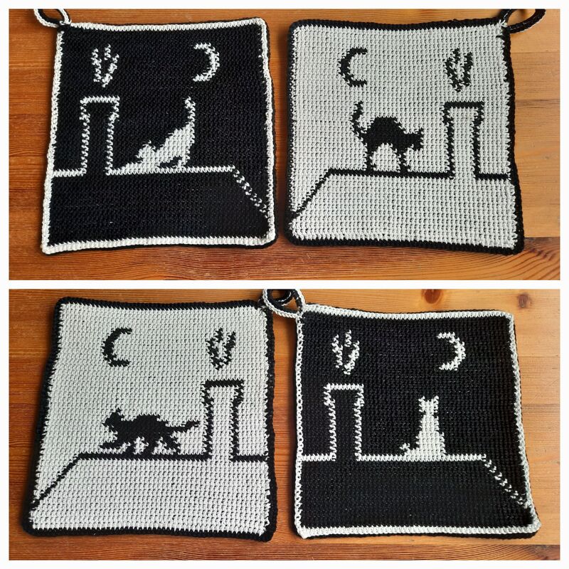 Häkelanleitung Doubleface-Topflappen Katze auf dem Dach