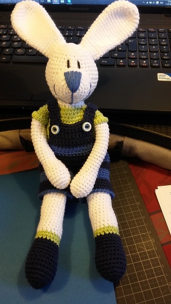 Mein Hasi Tom ist fertig. Die AL war super erklärt, und man bekommt selbst als Vielhäklerin noch einige Tipps und Tricks (Annähen der Beine).
Meine Ohren stehen bei ihm etwas ab, aber er gefällt mir trotzdem. Vor allem sieht er so süß aus mit dieser Hose.