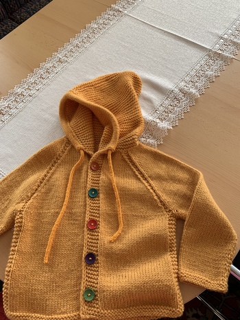 Diese Jacke habe ich für meinen jüngsten Enkel gestrickt. Mit einigen Schwierigkeiten habe ich sie dann doch fertig bekommen.