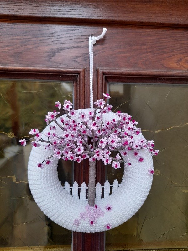 Crochet pattern cherry blossom door wreath