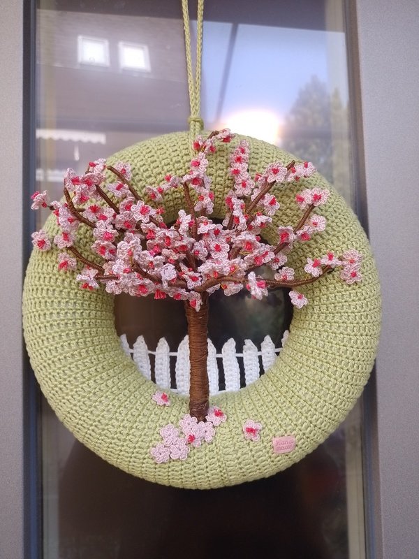 Crochet pattern cherry blossom door wreath