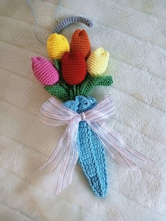 Crochet decoration tulips in umbrella