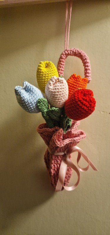 Crochet decoration tulips in umbrella