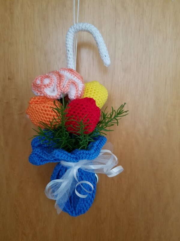 Crochet decoration tulips in umbrella