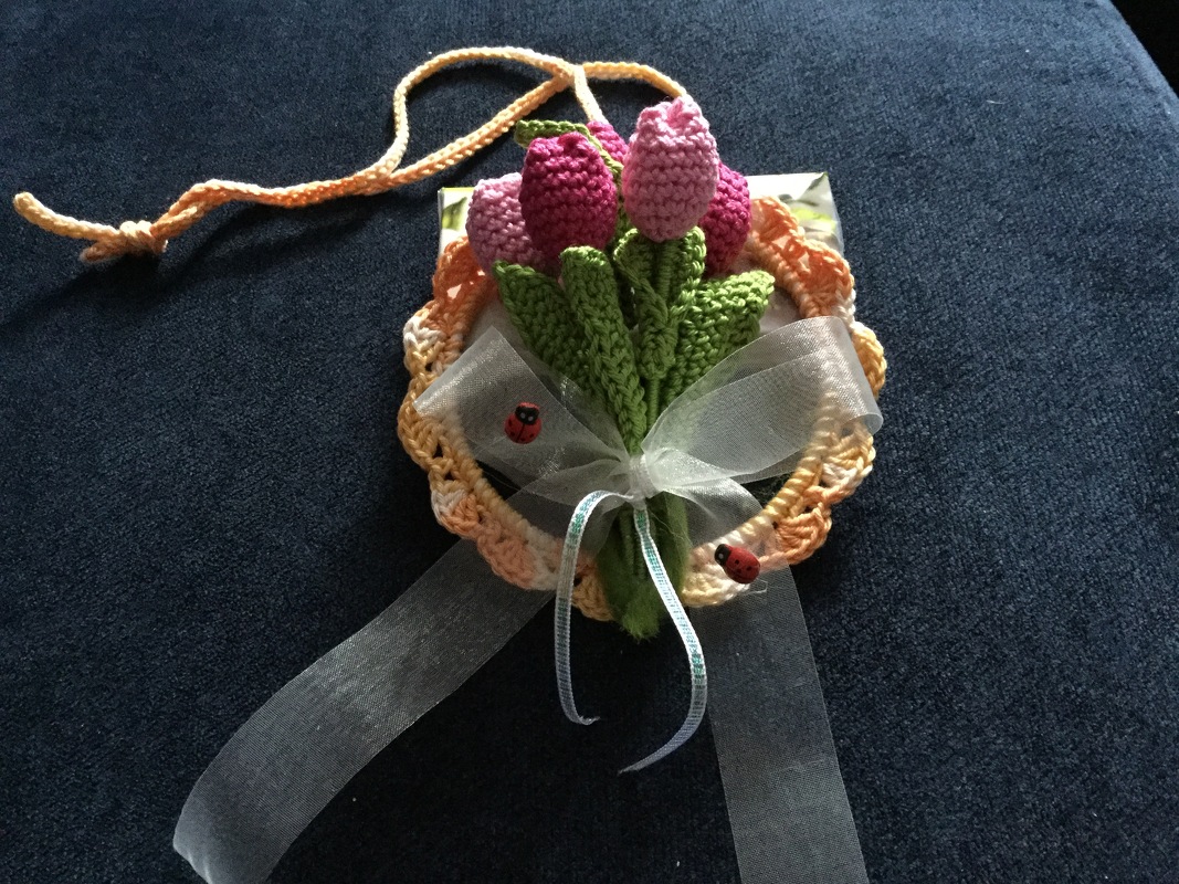 Small tulips hanging decoration for door &amp; window from leftover yarn