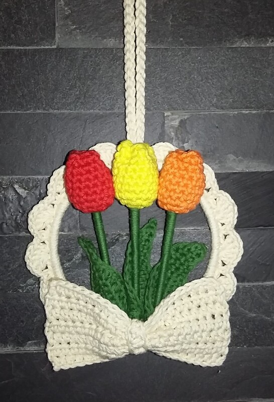 Small tulips hanging decoration for door &amp; window from leftover yarn