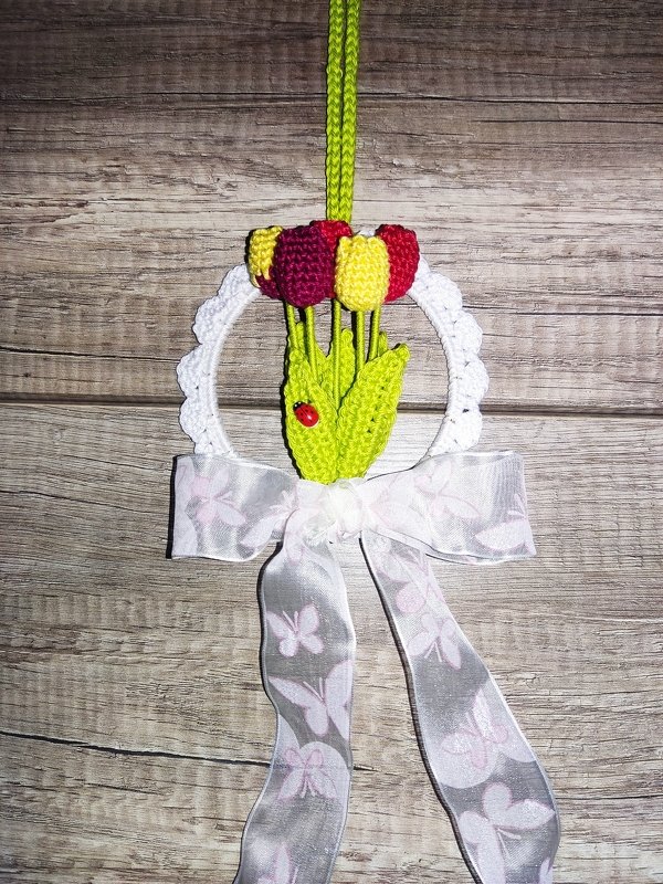 Small tulips hanging decoration for door &amp; window from leftover yarn