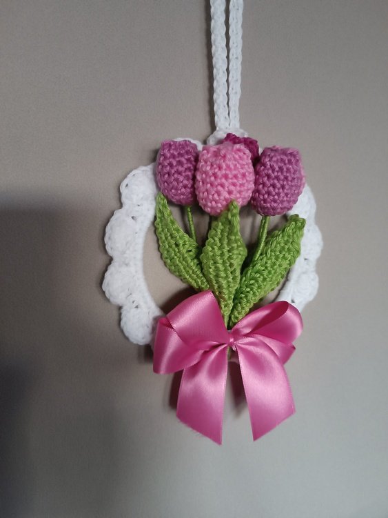 Small tulips hanging decoration for door &amp; window from leftover yarn