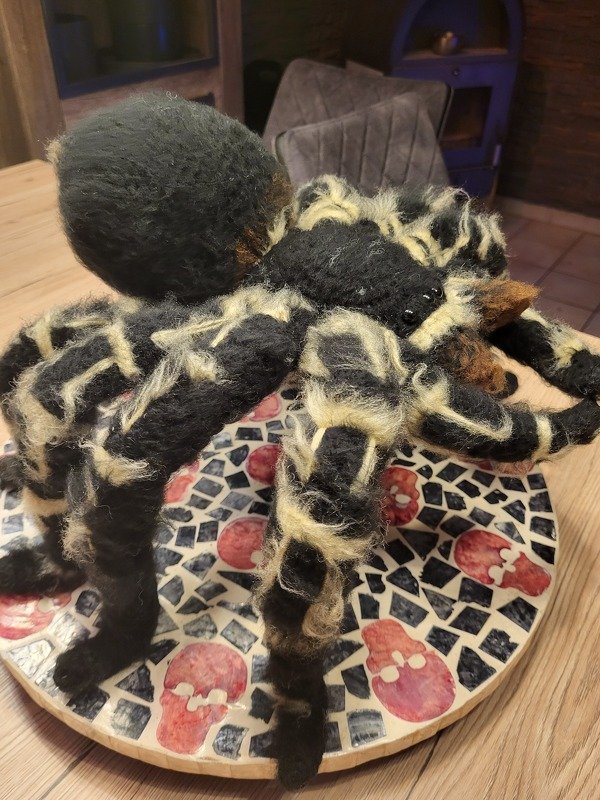 Crocheted Zebraknee Tarantula. Amigurumi pattern.