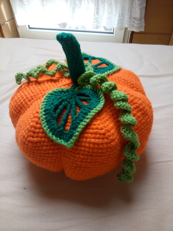 Danke für die tolle Anleitung, Nacharbeiten war gar nicht schwer. Zwei Tage habe ich für meinen Kürbis gebraucht. Er gefällt mir richtig gut.
Liebe Grüße