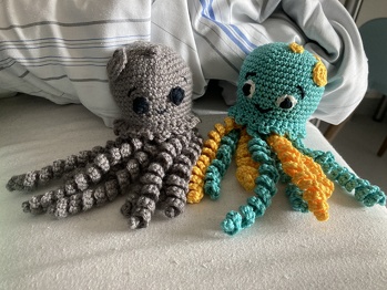 Viel Zeit gehabt im Krankenhaus und zwei Oktopusse für meine Kinder gehäkelt. Ich war ziemlich aus der Übung und brauchte etwas, den Anfang zu verstehen. Der zweite ging mir dann ganz leicht von der Hand. Den bunten #Oktopus habe ich mit der vorgeschlagenen Baumwolle gehäkelt, den grauen mit einer Merinowolle von katia, die ich noch hatte. Hat wunderbar funktioniert.