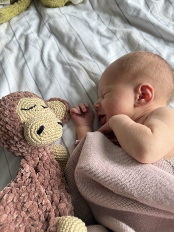 Ich habe das Äffchen für unser erstes Enkelkind „Mira“ gemacht.
Die Anleitung ist super und ich denke, das Ergebnis kann sich sehen lassen.