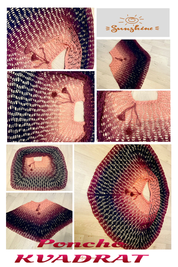 Poncho Kvadrat auf dem Fußboden ausgelegt.
Kordel eingezogen. Quasten dran.
Vorne spitz - Quasten vorne.
Vorne gerade - Quasten seitlich