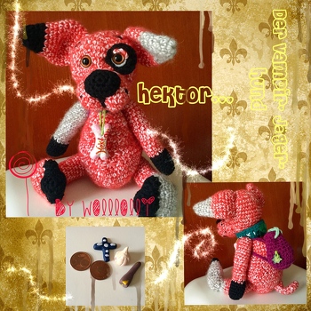 Das ist  Hektor, erschaffen nach der Anleitung für Helmut aus meinen Wollresten. Weil er so doch eine recht eigentümliche, individuelle Farbe erhielt, hat mein kleiner Sohn gleich erkannt: " Das ist ein Vampir- Jäger-Hund!"
Warum bin ich auch nicht gleich darauf gekommen! Ich Dumm, Dumm! Folglich hat er jetzt die entsprechende Ausrüstung in seinem Rucksack: eine Knoblauchzehe, einen Pflock, ein Kreuz...äh, wozu er das Geld benötigt??? Keine Ahnung, Felix meinte, das solle da rein. Vielleicht für die Busfahrkarte zum nächsten Friedhof :-)))). Knochen und Zubehör übrigens aus Polymerclay.