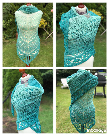 Ein tolles Tuch mit wunderschönem Muster.
Größe:. 2,70m x ca. 0,80  m
Garn: 4-fädig, 50/50, ca. 1300 m, Nadelstärke 3