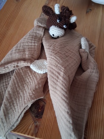 ich habe nur Kopf, Beine und Schwanz gehäkelt. Als Tuch habe ich Stoff gewählt.Meine Enkelin liebe ihre Kuh.