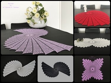 Collage of crocheted fan-shaped table runners and round doilies in lilac, red, white, and black on dark tabletops.