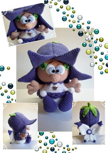Gehäkelte Amigurumi-Puppe sitzend mit lila auberginenförmiger Mütze und weißen flügelartigen Details am Rücken