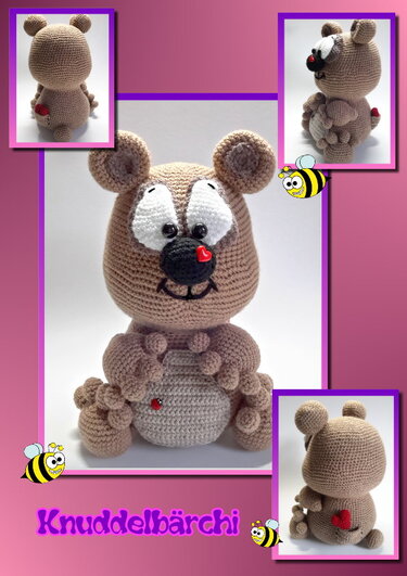 Nahaufnahmen eines beigen Amigurumi‑Teddys mit weißen Augenflecken, Herzperle an Nase und Bauch; Detailansichten von Pfoten, Rücken und Proportionen