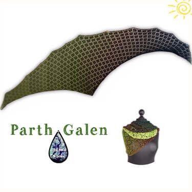 Crescent crochet shawl with openwork pattern and green gradient, shown flat and on a mannequin.