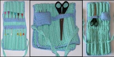 Gehäkelte Nadelrolle in mint und hellblau mit Häkelnadeln und Schere