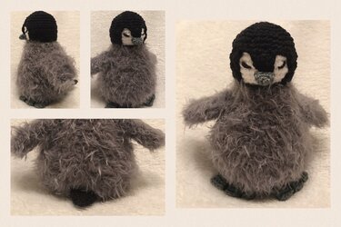 Detailansichten gehäkeltes Pinguin-Küken: Kopf, flauschiger Körper und Füße