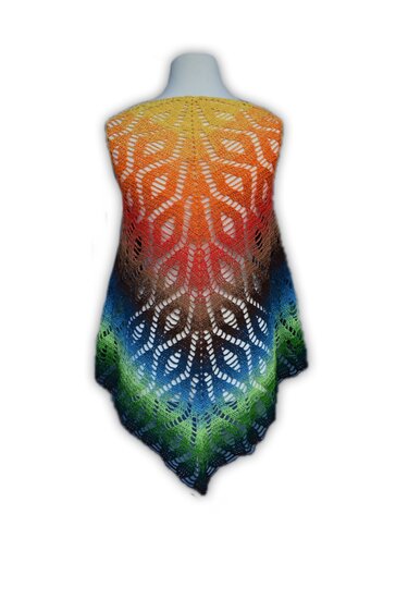 Triangle crochet shawl with leaf lace motif in yellow, orange, red, blue and green on a mannequin